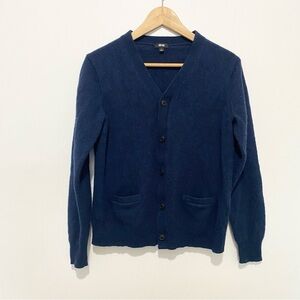 UNIQLO 100% Wool Navy Blue V Neck Button Cardigan Sweater Womens L